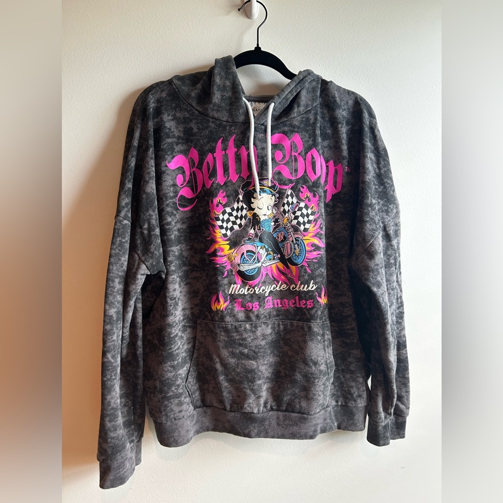 Betty Boop Charcoal and Pink Graphic Pullover Hoodie, Size XXXL